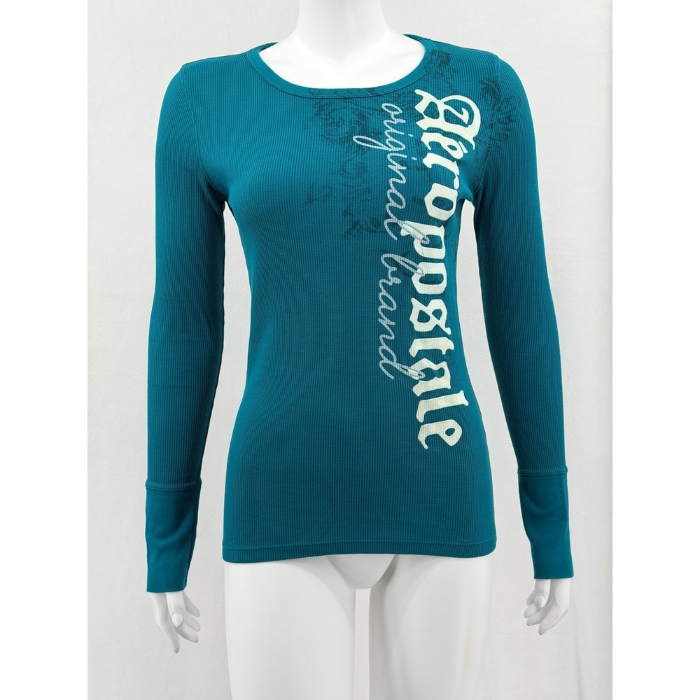 Aeropostale Top Womens Large Teal Graphic Waffle Knit Thermal Long Sleeve Y2K